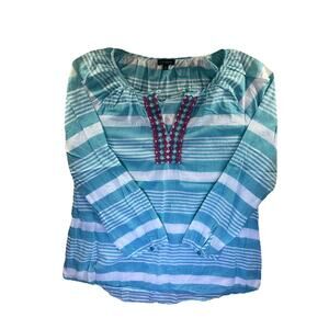 Talbots Women's Size M Long Sleeve Beaded Neck Striped Tunic Top Turquoise White